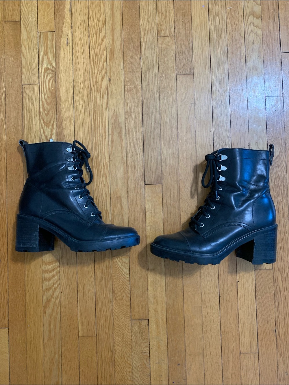 Marc Fisher Black Lace-Up Block Heel Combat Boots